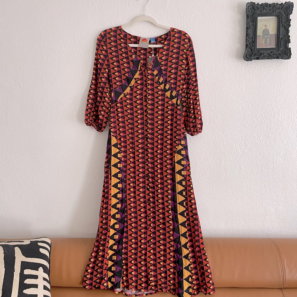 NWT FARM Rio geo 3/4 sleeve button up dress Sz S
